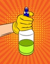Vector colorful pop art comic style illustration of a hand keep a spray for cleaning.