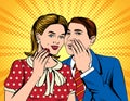 Vector colorful pop art comic style illustration of a man telling a secret to a woman. Royalty Free Stock Photo