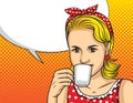 Vector colorful pop art comic style illustration of a pretty woman in red dress drinking a coffee. Royalty Free Stock Photo