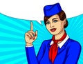 Vector colorful pop art style illustration with smiling stewardess keep finger pointing up. Royalty Free Stock Photo