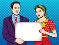 Vector colorful pop art style illustration of a young beautiful couple holding a white paper sheet.