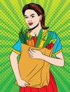 Vector colorful pop art style illustration of a young beautiful woman with full paper bag of health food.