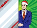 Vector colorful pop art style illustration of a young businessman in Santa Claus Hat showing a big white banner with red ribbon.