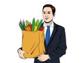 Vector colorful pop art style illustration of a young handsome guy with full paper bag of vegetables . Royalty Free Stock Photo