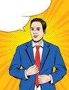 Vector colorful pop art style illustration of a young man in a business suit. Royalty Free Stock Photo