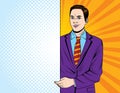 Vector colorful pop art style illustration of a young salesman holding a white paper sheet.