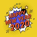 Vector colorful poster 2020 in pop art style with bomb explosive. Modern comics Happy New Year illustration with speech bubble