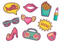 Vector colorful quirky patches set. Pin trendy decoration labels for denim and textile. Vintage hippie style badges.