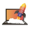 Vector colorful rocket and a laptop with Idea, development, testing and release icons. Software development. Startup business con