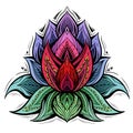 Vector colorful sacred lotus illustration with boho ornament. Violet water lily and green leaves with tribal decoration. Mystical