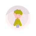 Vector colorful sad boy, man sitting with a cup of coffee or tea, located on late evening or night background