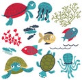Vector colorful sea turtles with fish and corals set Royalty Free Stock Photo