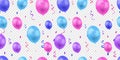 Vector Colorful Seamless Pattern with Bright Balloons and Serpentine Coils Isolated, Birthday Background Template.