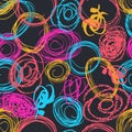 Vector colorful seamless pattern with brush blots and circle. Pink blue yellow red color on black background. Hand Royalty Free Stock Photo