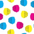 Vector colorful seamless pattern with brush blots and cross. Pink blue yellow black color on white background. Hand