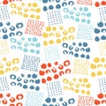 Vector colorful seamless pattern with brush dots, strokes, circles and strokes. Rainbow color on white background. Hand Royalty Free Stock Photo