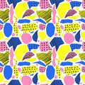 Vector colorful seamless pattern with brush strokes and cross. Pink blue yellow black color on white background. Hand
