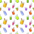 Vector colorful seamless pattern with hand drawn smoothie bottles, watercolor painting background template.