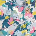 Vector colorful seamless pattern with tropical plants, flowers. birds, hand painted texture. Royalty Free Stock Photo