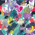 Vector colorful seamless pattern with tropical plants, flowers. birds, hand painted texture.