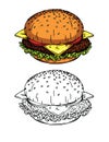 Vector colorful set cartoon and sketch style illustrations of a delisious fresh american burger