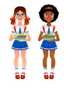 Vector colorful set of different nationalities kids going to school with books at hands.
