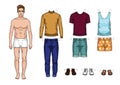 Vector colorful set of fashionable men`s outfits isolated from background. Royalty Free Stock Photo