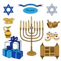 Vector colorful set of Hanukkah objects. Jewish holidays illustration. Royalty Free Stock Photo