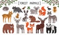 Vector colorful set on the theme of forest animals. Cartoon doodles of wild animals and birds. Design characters for use in design Royalty Free Stock Photo