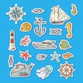 Vector colorful sketched sea elements stickers