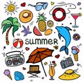 Vector colorful sketchy line art Doodle cartoon set of objects and symbols for summer holidays Royalty Free Stock Photo