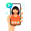 Smartphone mockup in human hand. Online voice call. Vector colorful social media illustration