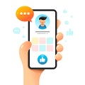 Smartphone mockup in human hand. Profile page with Like button. Vector colorful social media illustration