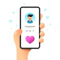 Smartphone mockup in human hand. Profile screen. Perfect love match. Vector colorful social media illustration