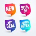 Vector colorful speech bubble set for web and sale. New, best deal, limited offer, 50 percent off reduction icons. Royalty Free Stock Photo