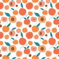 Vector colorful tasty trendy peaches seamless pattern on light background. Royalty Free Stock Photo