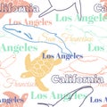 Vector Colorful Travel California Cities Animals Seamless Pattern with Los Angeles, San Francisco, Turtles, and Whales