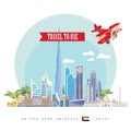 Dubai. Vector template of United Arab Emirates in flat design. UAE flyer with modern buildings and mosque in light style. Royalty Free Stock Photo