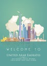 Vector template of United Arab Emirates. Mirror effect. UAE flyer with modern buildings and mosque in light style. Royalty Free Stock Photo