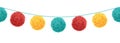 Vector Colorful Vibrant Birthday Party Pompoms Set On Strings Horizontal Seamless Repeat Border Pattern. Great for