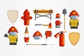Vector Colorful vintage flat icon set. illustration for infographic. Firefighter Equipment and volunteer emblem. Royalty Free Stock Photo