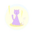 Vector colorful violet and yellow cat pet sitting nearby radio on summer sunny bright day.