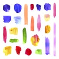 Vector Colorful Watercolor Brush Strokes Collection, Realistic Paint Texture, Splashes and Dots, Artistic Hand Drawn Background.