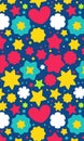 Vector seamless pattern with cartoon shapes, stars, hearts, circles, flowers
