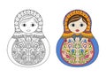 Vector coloring book for adult and kids - russian matrioshka doll. Hand drawn zentangle with floral and ethnic ornaments Royalty Free Stock Photo