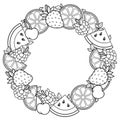 Vector coloring book for adult, for meditation and relax. Round shape of watermelon, strawberries, citrus, cherries and strawberri