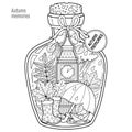 Vector Coloring book for adults. A glass vessel with autumn memories of dreams about a trip to London. A bottle with rain, boots,