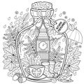 Vector Coloring book for adults. A glass vessel with autumn memories of dreams about a trip to London. A bottle with rain, boots,