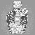 Vector Coloring book for adults. A glass vessel with memories of autumn and love. A bottle with bees,rain, autumn leaves, a cup of