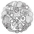 Vector coloring book for adults. Page for meditation and relax. Set of seashell and anchor Royalty Free Stock Photo